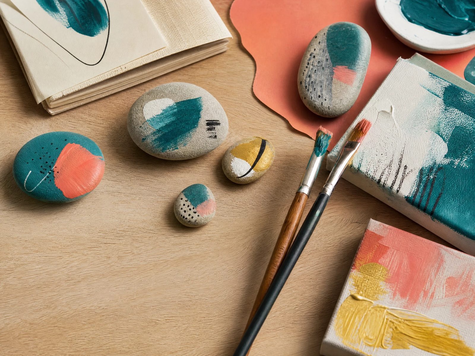 Bemalte Steine, Pinsel und kleine Farbstudien auf einem Holztisch